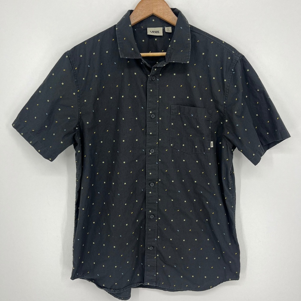 Vans Mens Large Black Short Sleeve Button Down Geometric Micro Print Shirt